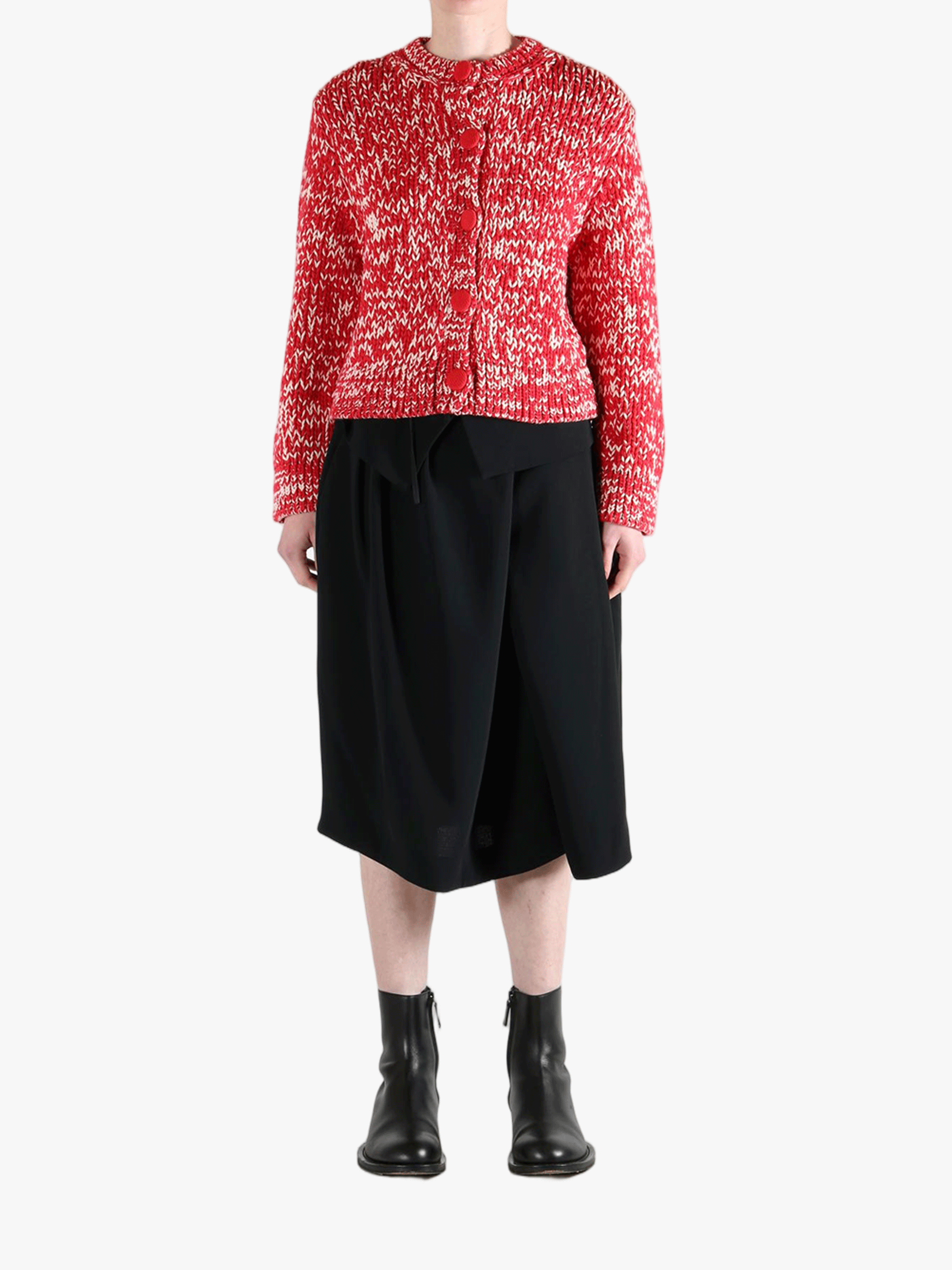 Red knitwear, full body view