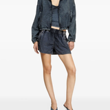 Blue shorts, full body view