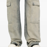 Close up of the blue jeans, showing texture of the cotton fabric