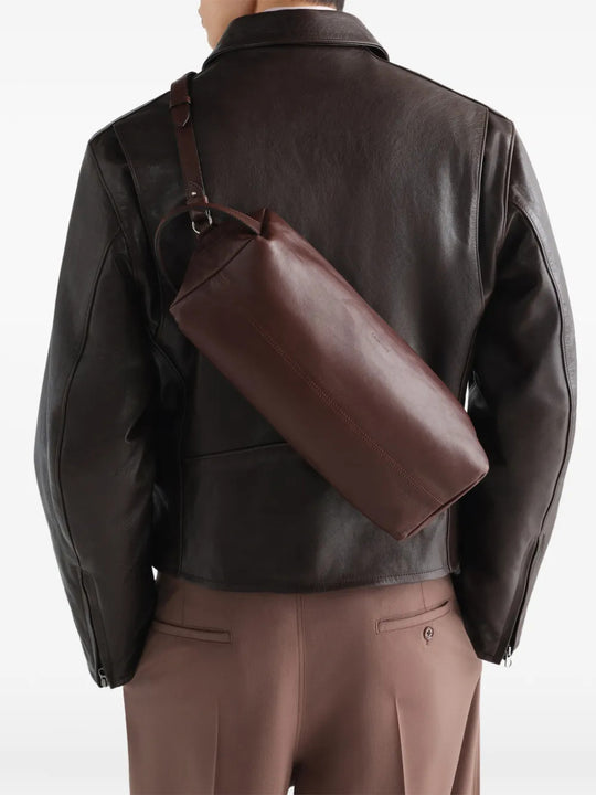 Brown bag worn by a person, showing the bag fit