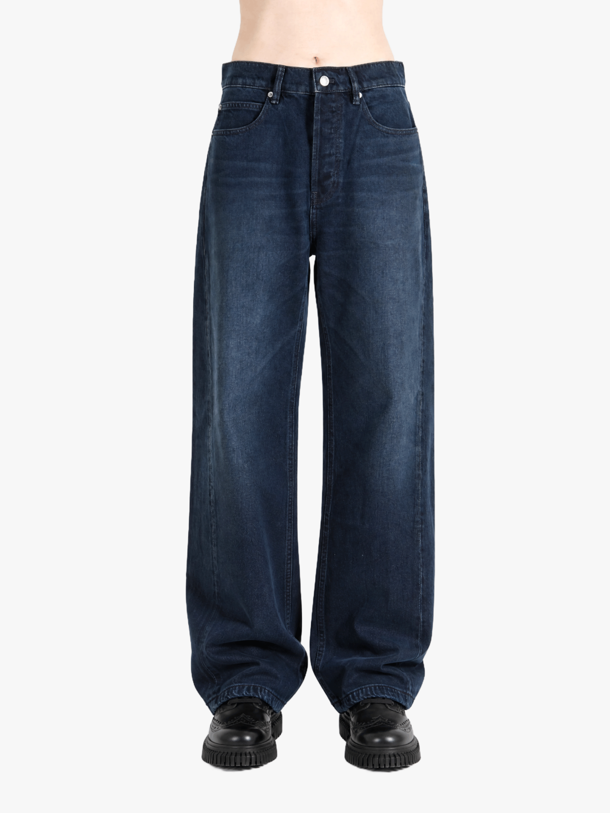 Navy jeans, full body view