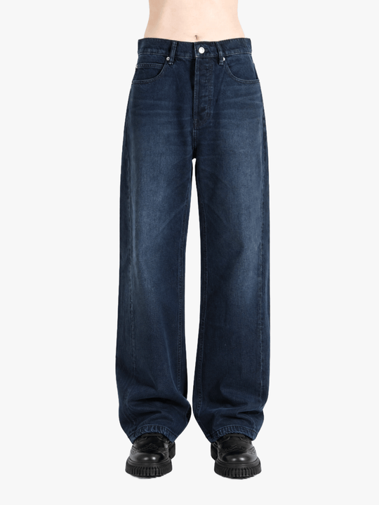 Navy jeans, full body view