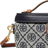 Close up of navy bag, showing texture of the Microfibre fabric