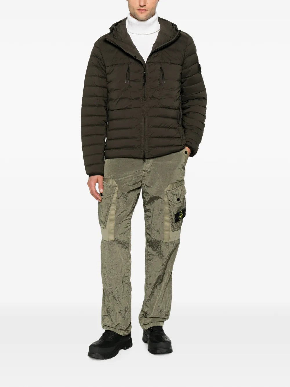 Green pants, full body view