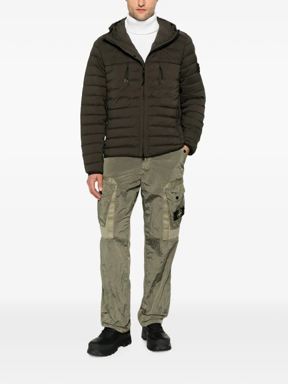 Green pants, full body view