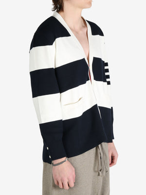 THOM BROWNE - Men Rugby Stripe Milano Stitch W/4 Bar Stripe V Neck Cardigan