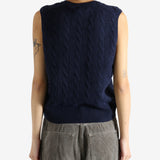 Navy sweater worn by a person, showing the sweater's fit