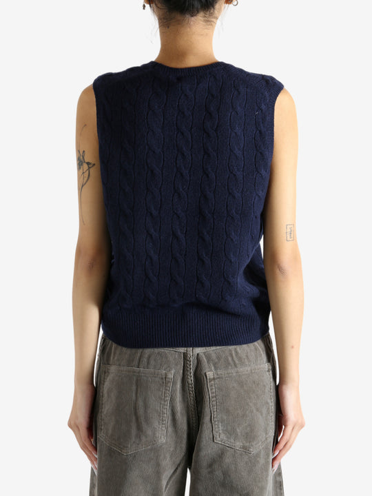 Navy sweater worn by a person, showing the sweater's fit