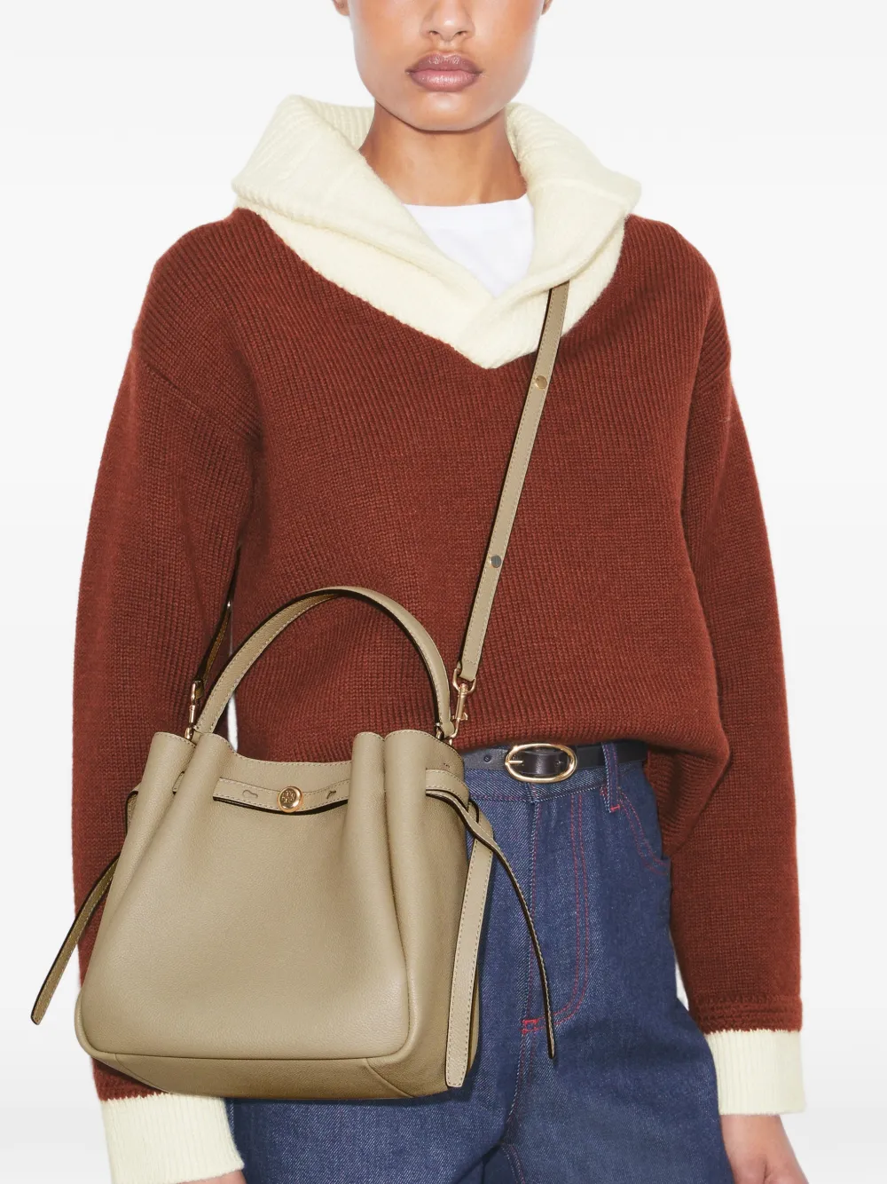 Brown bag worn by a person, showing the bag's fit