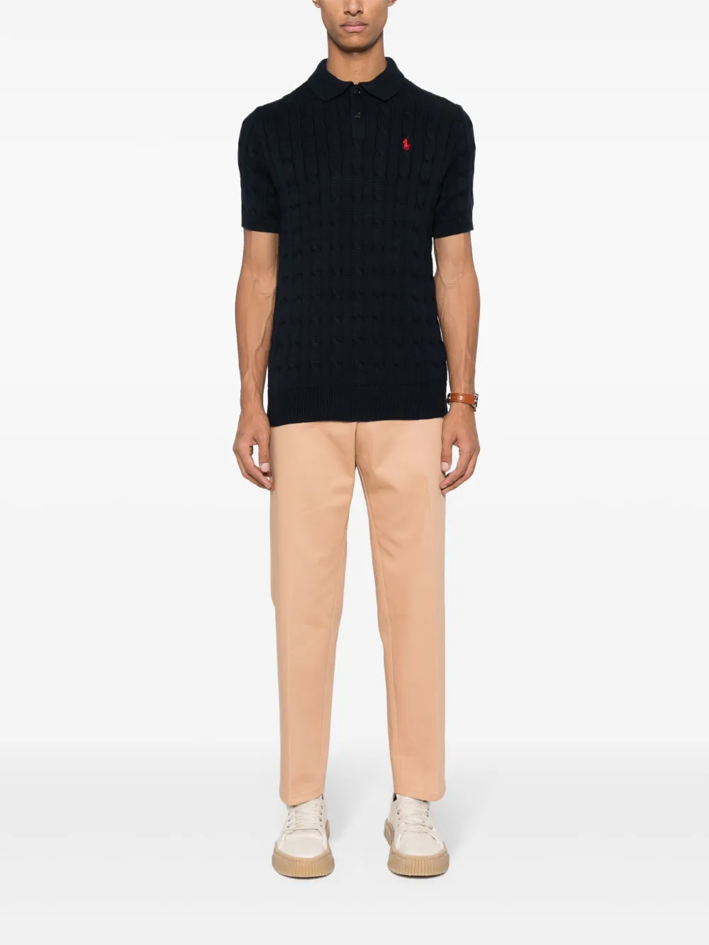 Navy knitwear, full body view