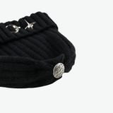 Black hat,side view showing wool fabric