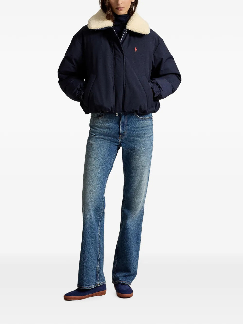 Navy jacket, full body view