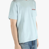 Blue t-shirt worn by a person, showing the t-shirt fit