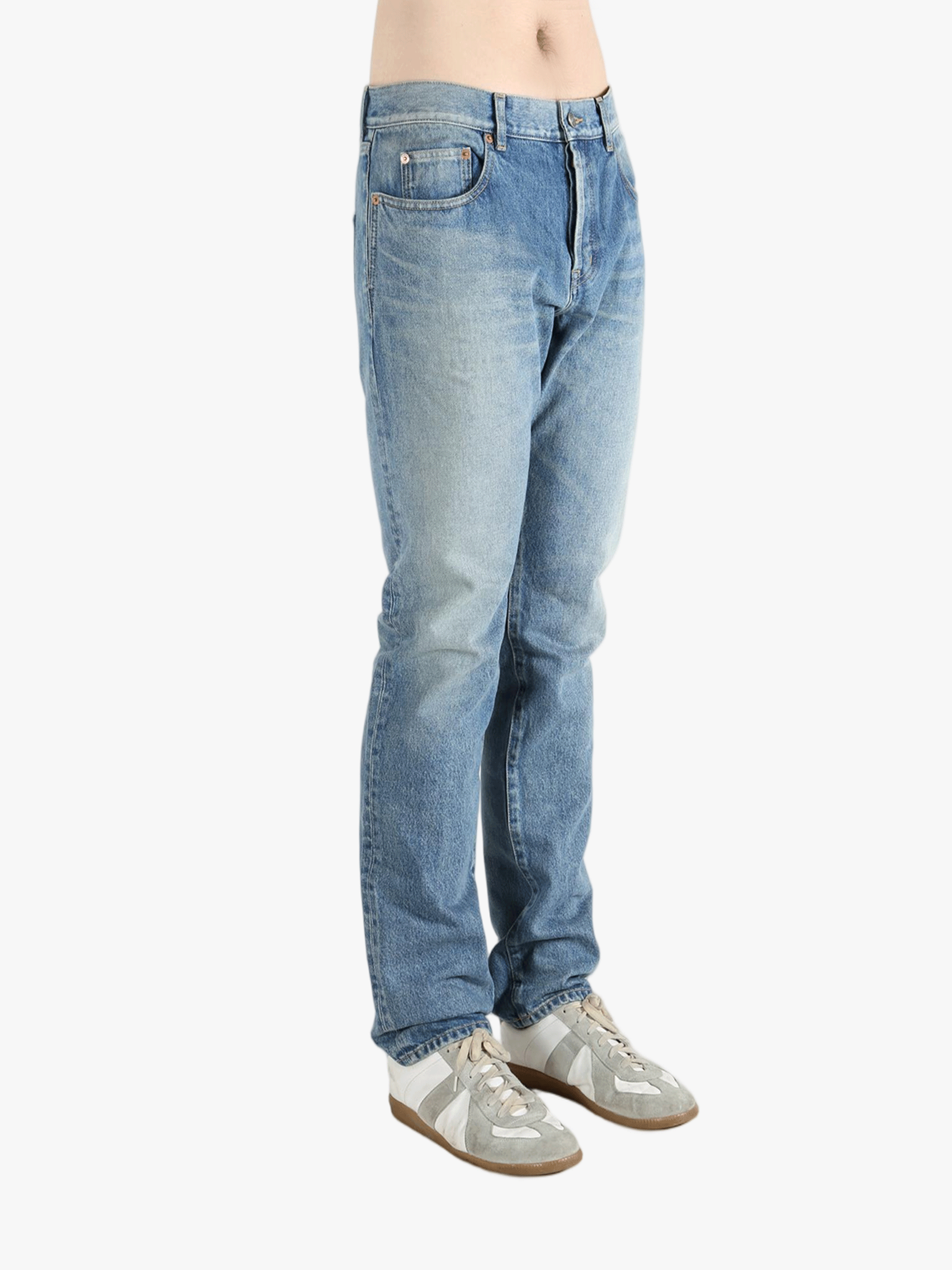 Blue jean worn by a person, showing the fit