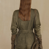 Green pants, full body view