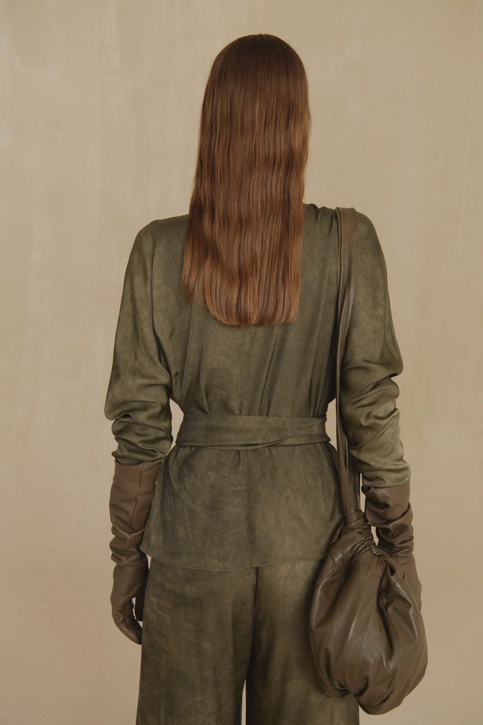 Green pants, full body view