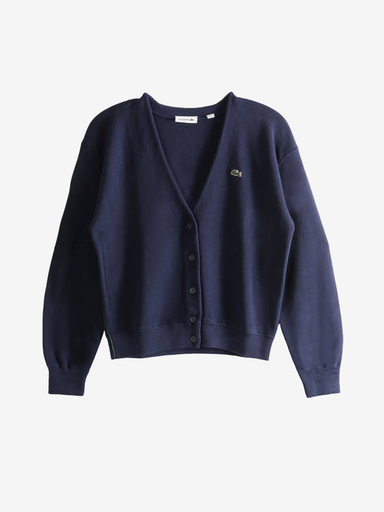 Navy cardigan, front view