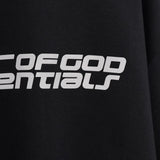 Close up of the black t-shirt, showing texture of the polyester and cotton fabric