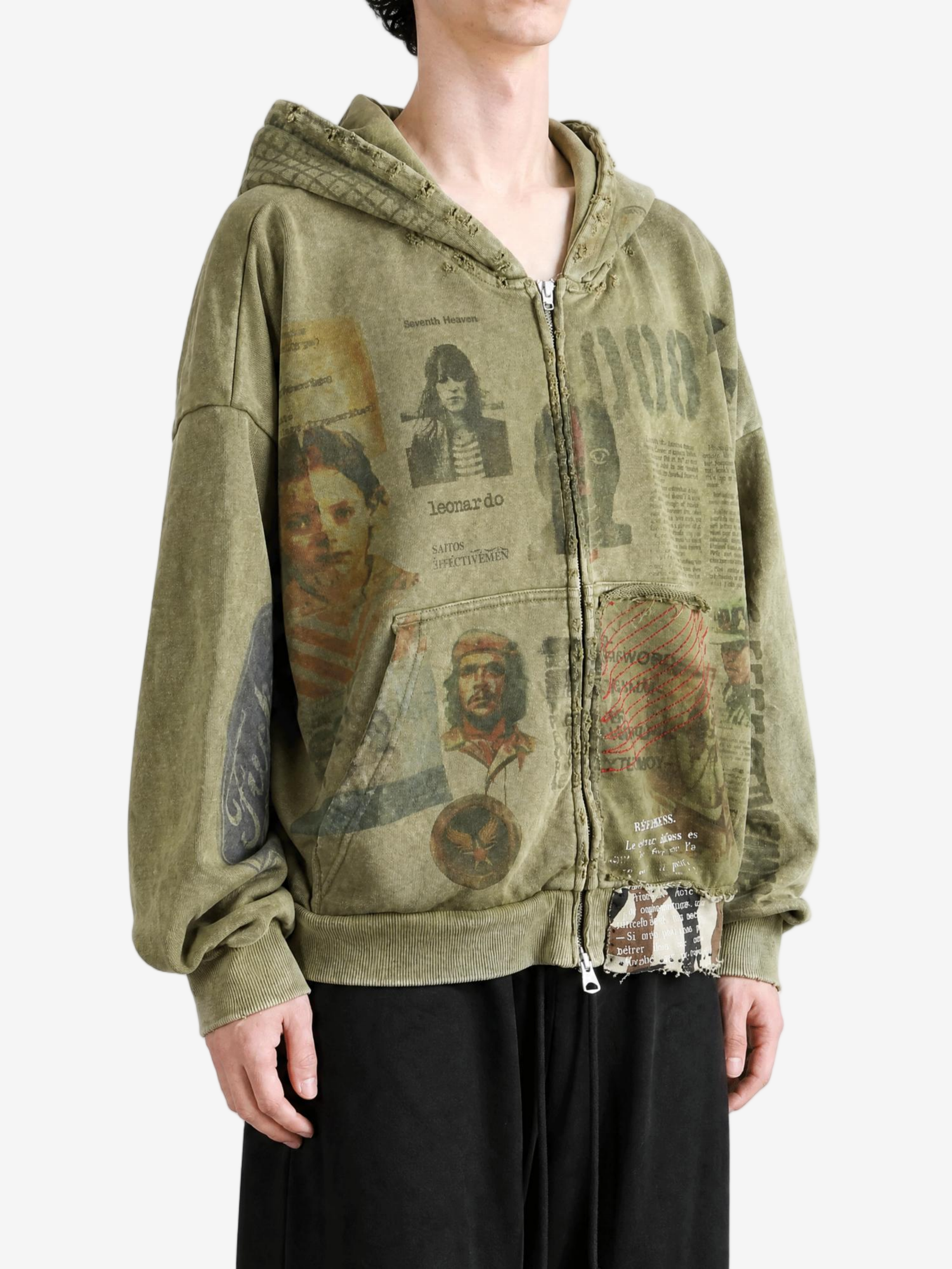 Green hoodie worn by a person, showing the hoodie fit