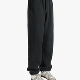 Black sweatpants worn by a person, showing the sweatpants fit