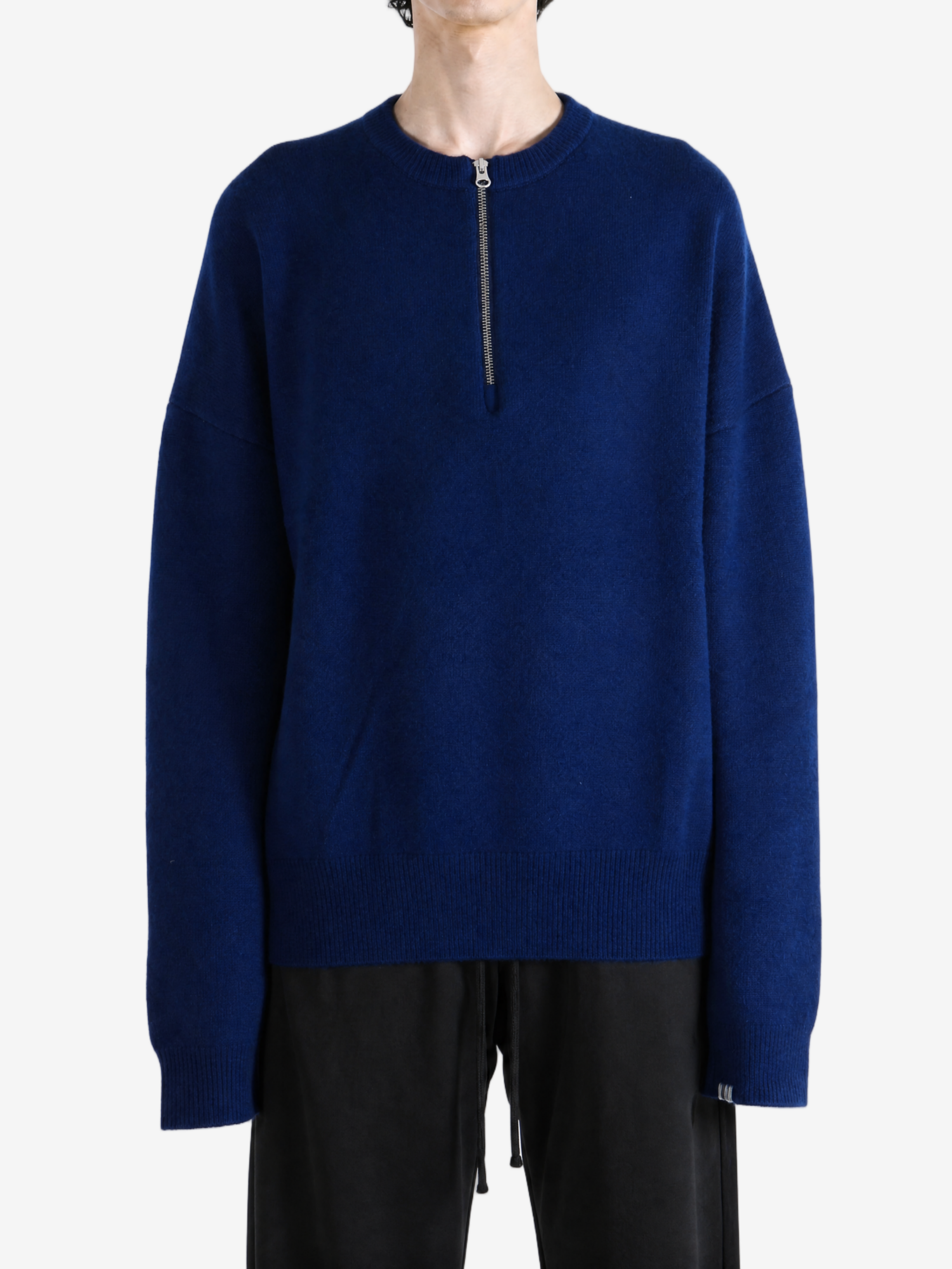 Navy hoodie, full body view