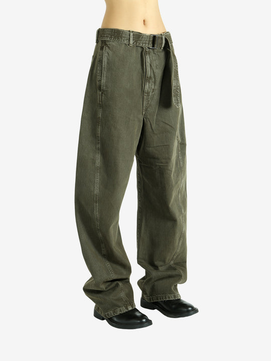 Green pants worn by a person, showing the pants fit