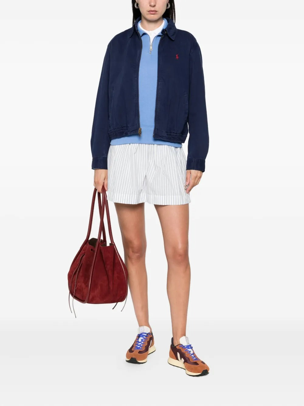 Navy jacket, full body view