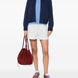 Navy jacket, full body view