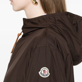 Close up of brown jacket, showing texture of the Polyester fabric