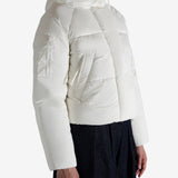 white down jacket，worn by a person, showing the down jacket fit