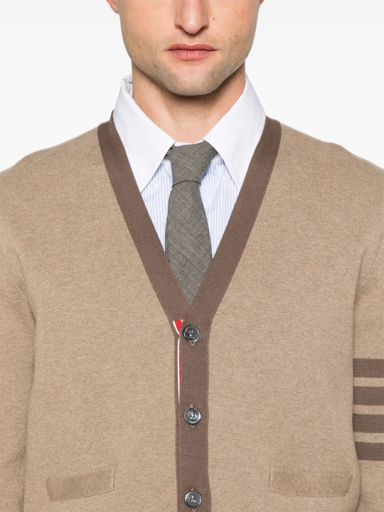 Close up of the brown knitwear, showing texture of the cotton fabric