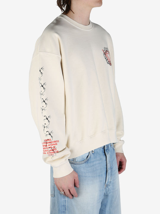 White sweatshirt,worn by a person showing the sweats fit