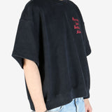 Black crew sweats,worn by a person showing the sweats fit