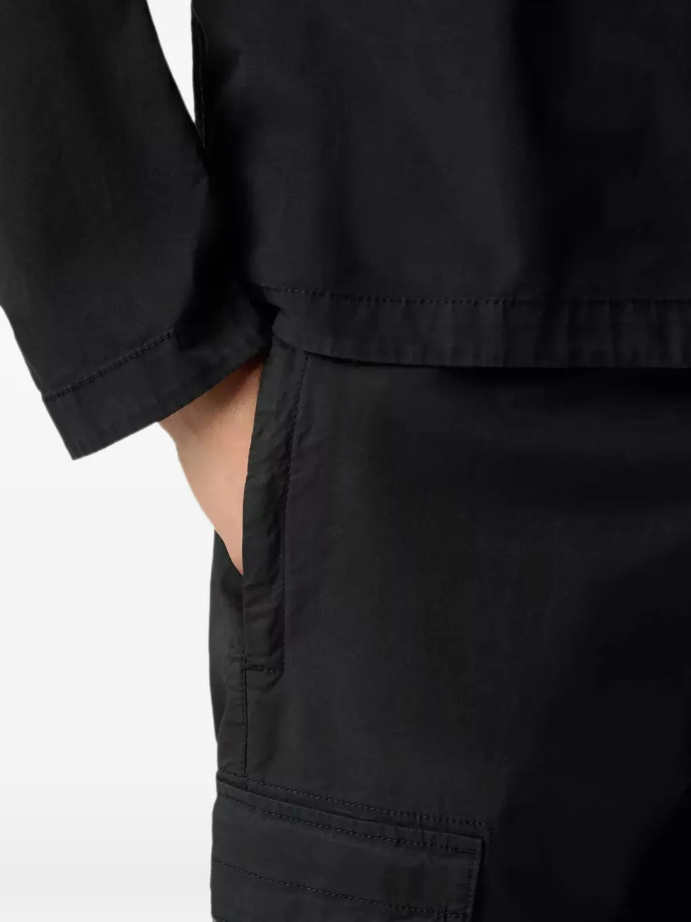 Black pants worn by a person, showing the pants fit