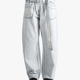 Blue jeans worn by a person, showing the jeans's fit