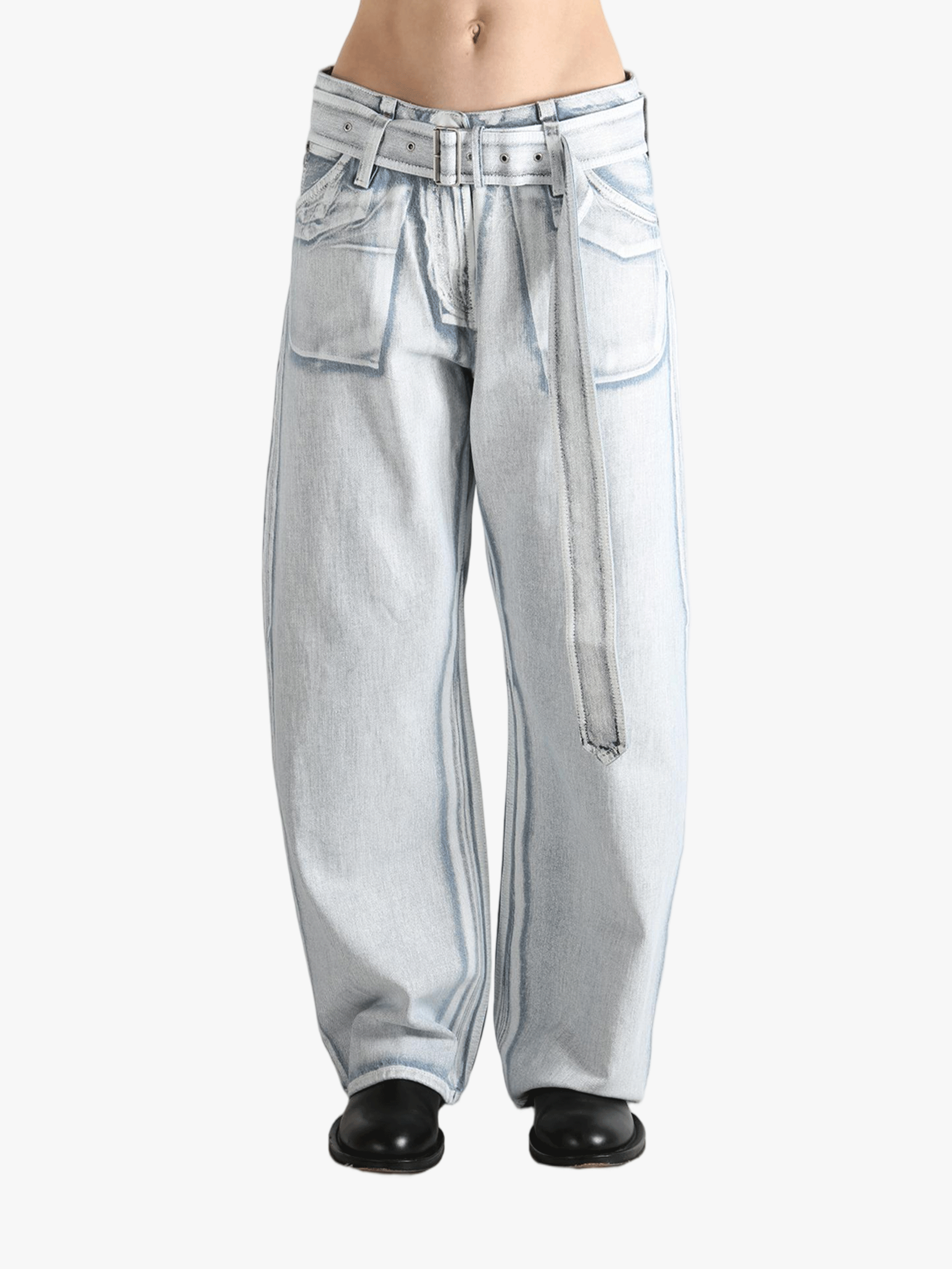 Blue jeans worn by a person, showing the jeans's fit