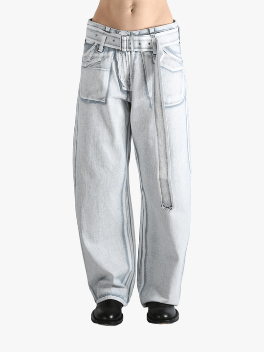 Blue jeans worn by a person, showing the jeans's fit