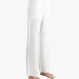 white pants worn by a person, showing the pants  fit