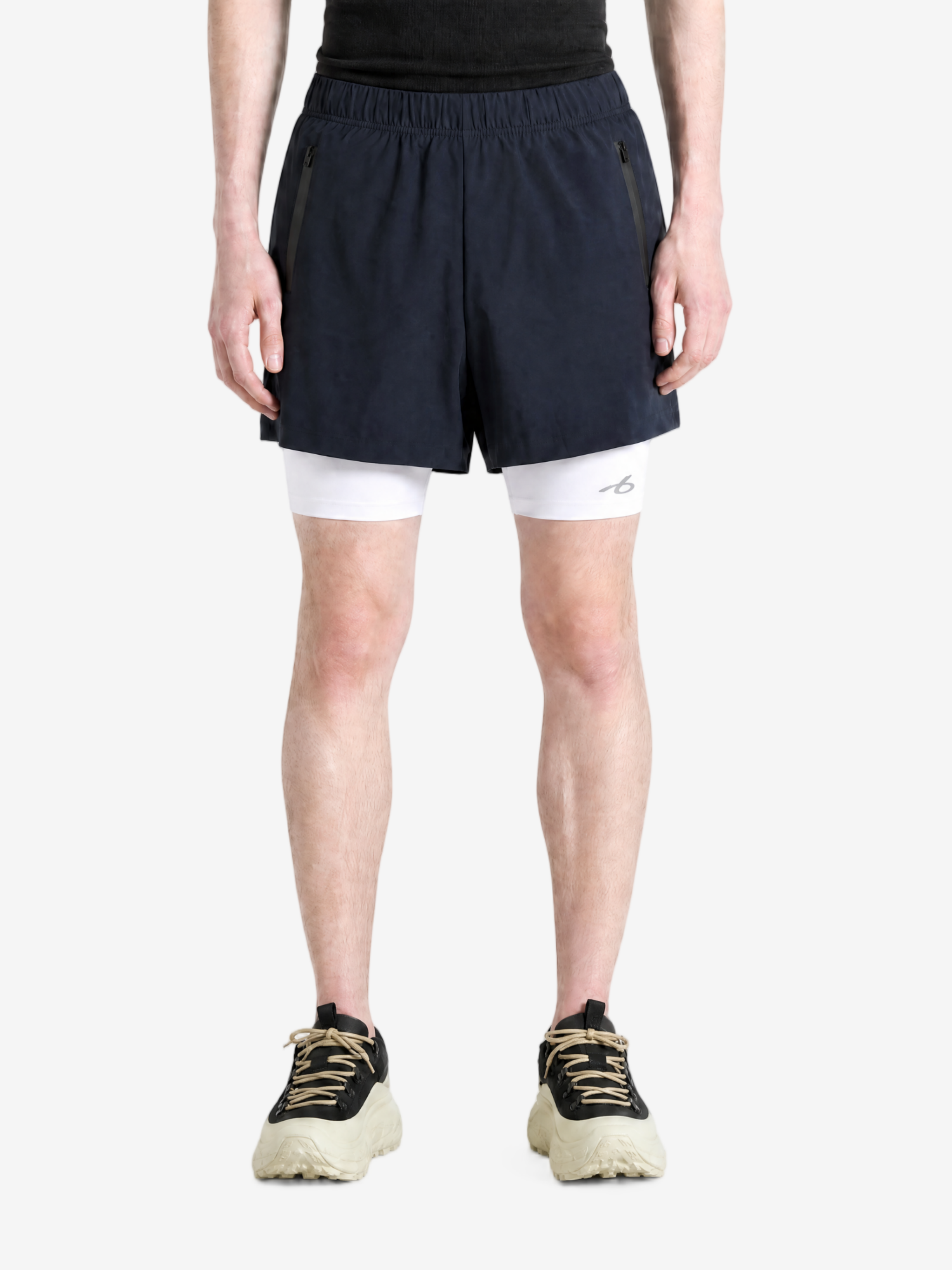 Navy shorts, full body view
