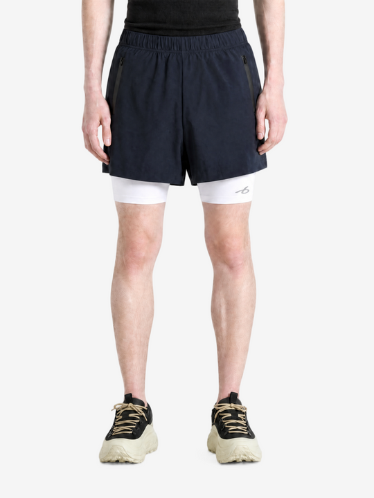Navy shorts, full body view
