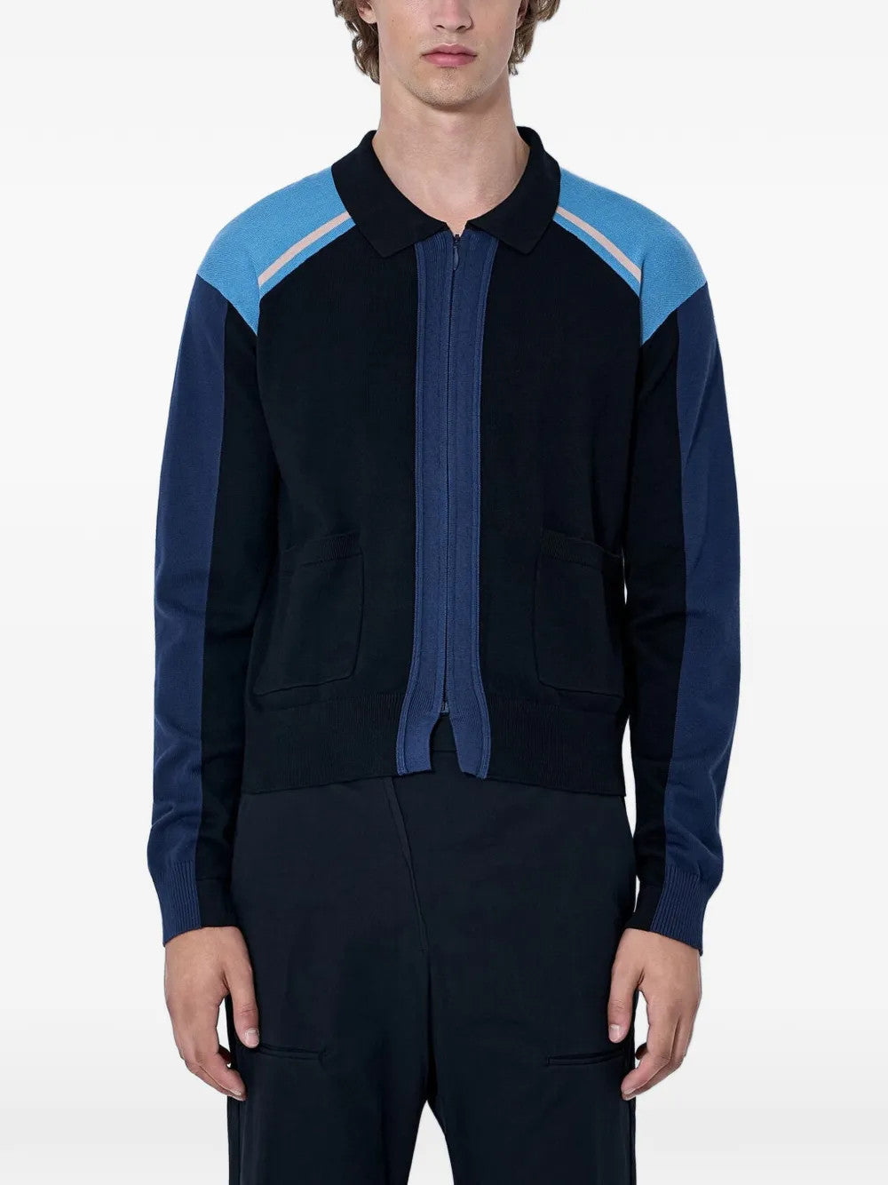 Navy knitwear, full body view