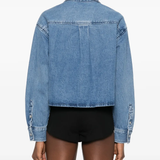 blue shirt worn by a person, showing the shirt fit