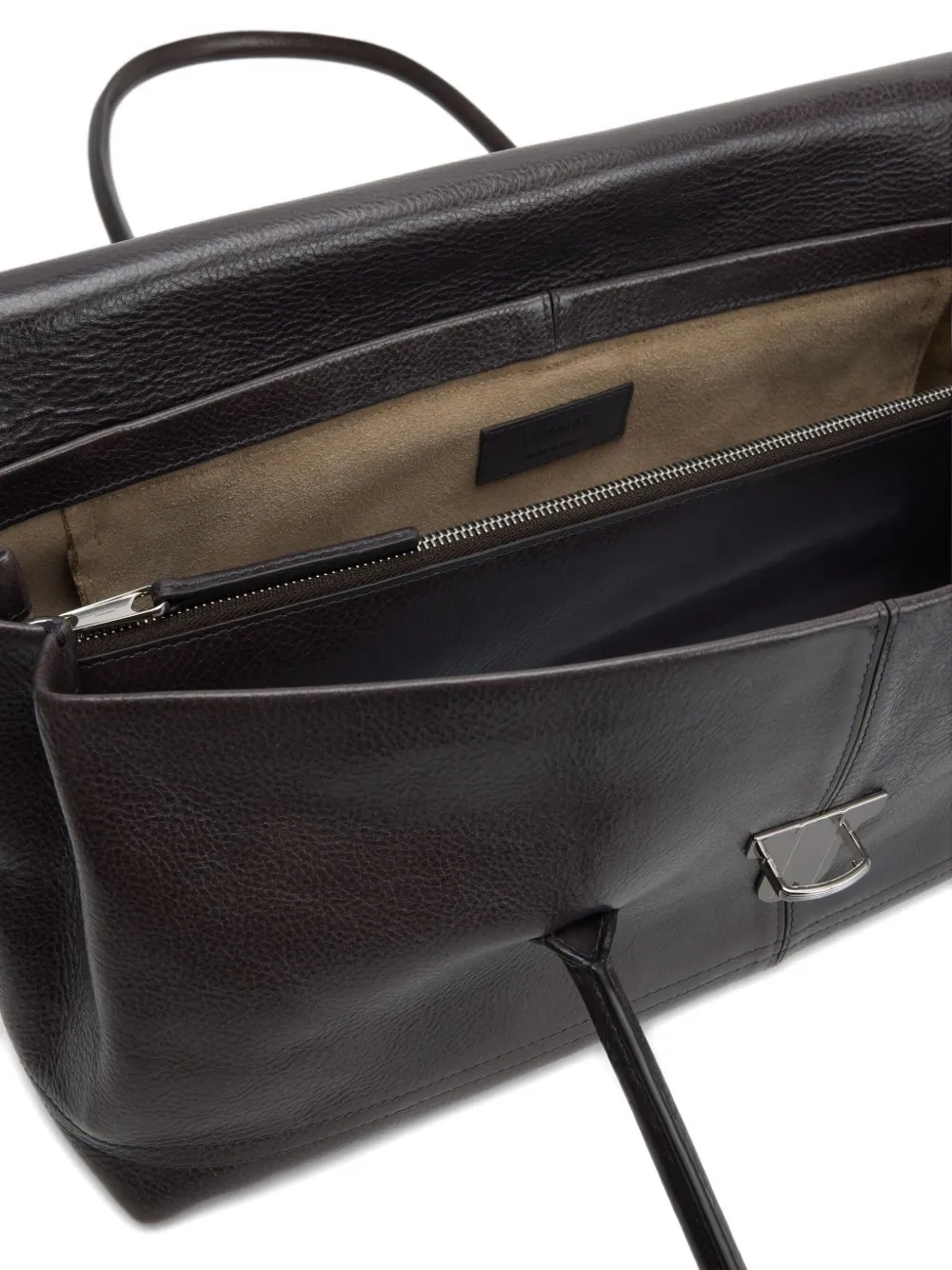 Close up of the black bag, showing texture of the leather fabric
