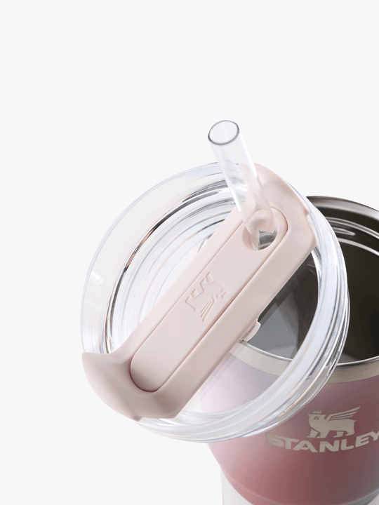 Close up of pink tumbler, showing texture of the stainless steel fabric