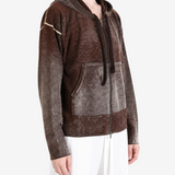 Brown hoodie worn by a person, showing the hoodie fit