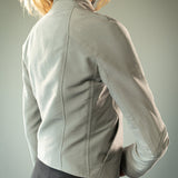 Close up of grey jacket, showing texture of the fabric