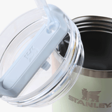 Close up of blue tumbler, showing texture of the stainless steel fabric