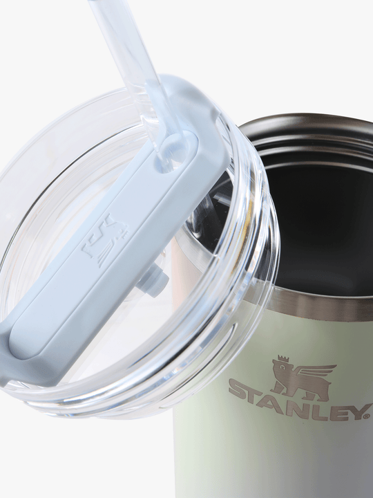 Close up of blue tumbler, showing texture of the stainless steel fabric