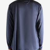 Navy pullover worn by a person, showing the pullover's fit