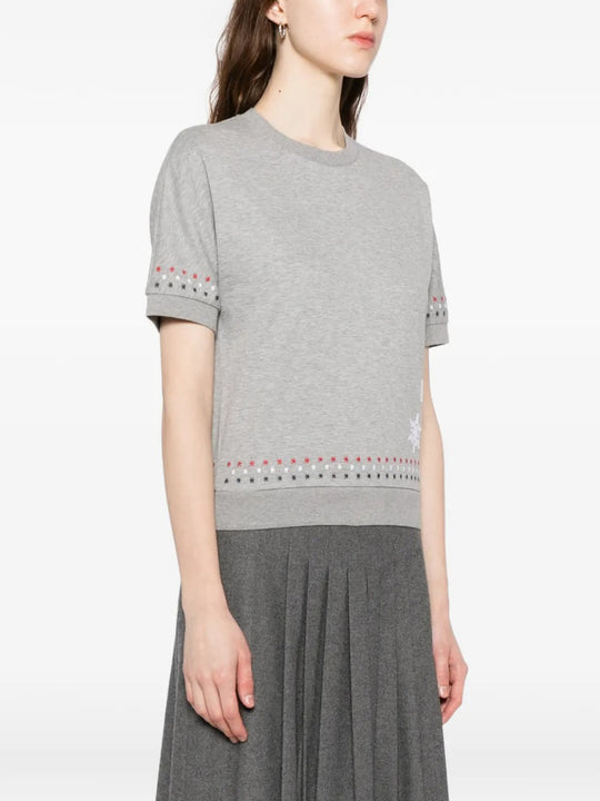 Grey t-shirt worn by a person, showing the t-shirt's fit